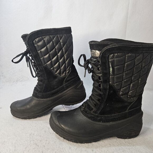NORTHFACE Snow Boots Black Sz 8.5 Thermoball Leather Lace Up Winter - Picture 2 of 6